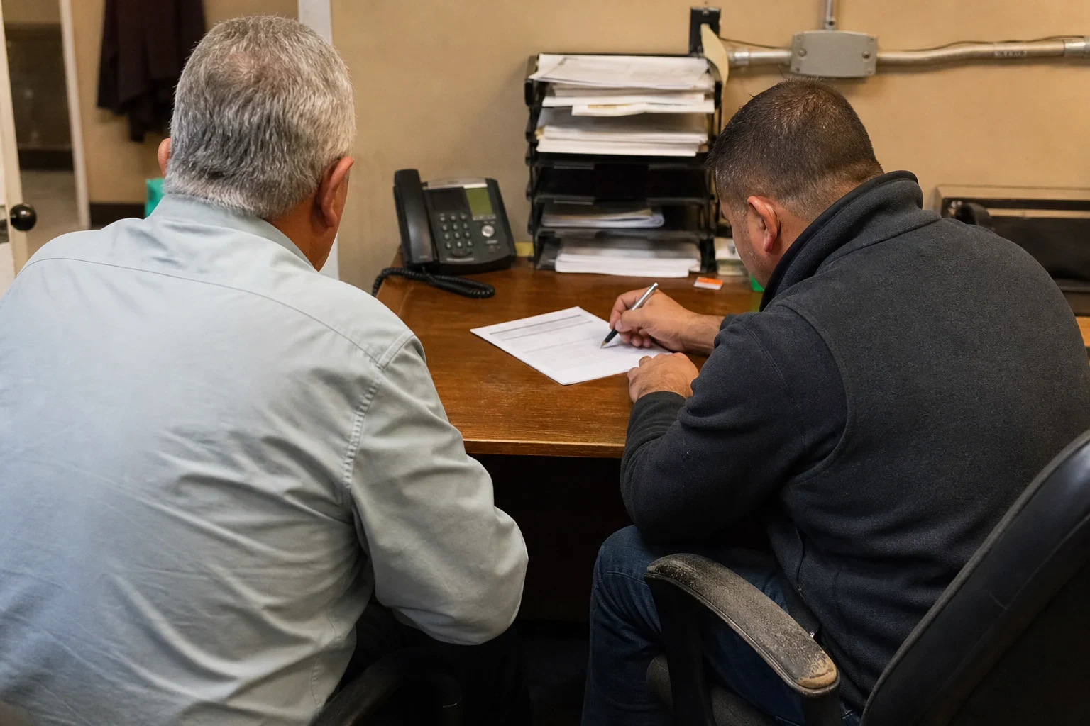 Two men seen from behind at a worn wooden desk in a small back office, one signing a short form beside a desk phone and stacked paper trays.