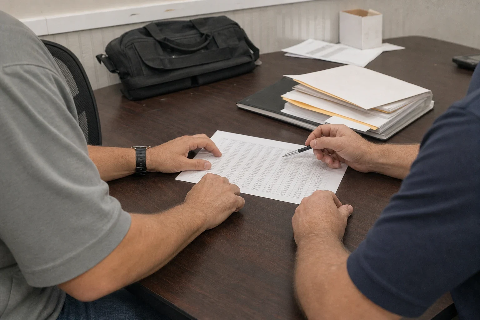Two men at a dark wood table review a printed page of figures, one pointing with a pen, with a binder of papers and a black bag nearby.