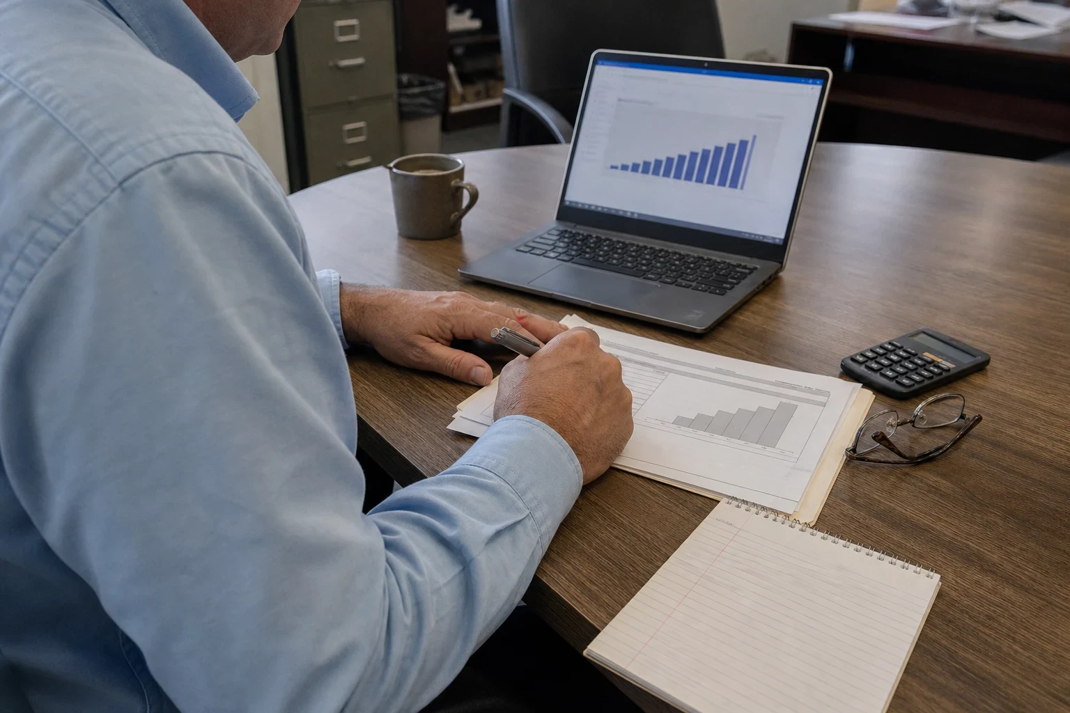 Man in a light blue shirt reviews a printed bar chart with a pen at a wooden office table beside a laptop, calculator, reading glasses, notepad and coffee mug